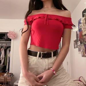 red off the shoulder crop top
